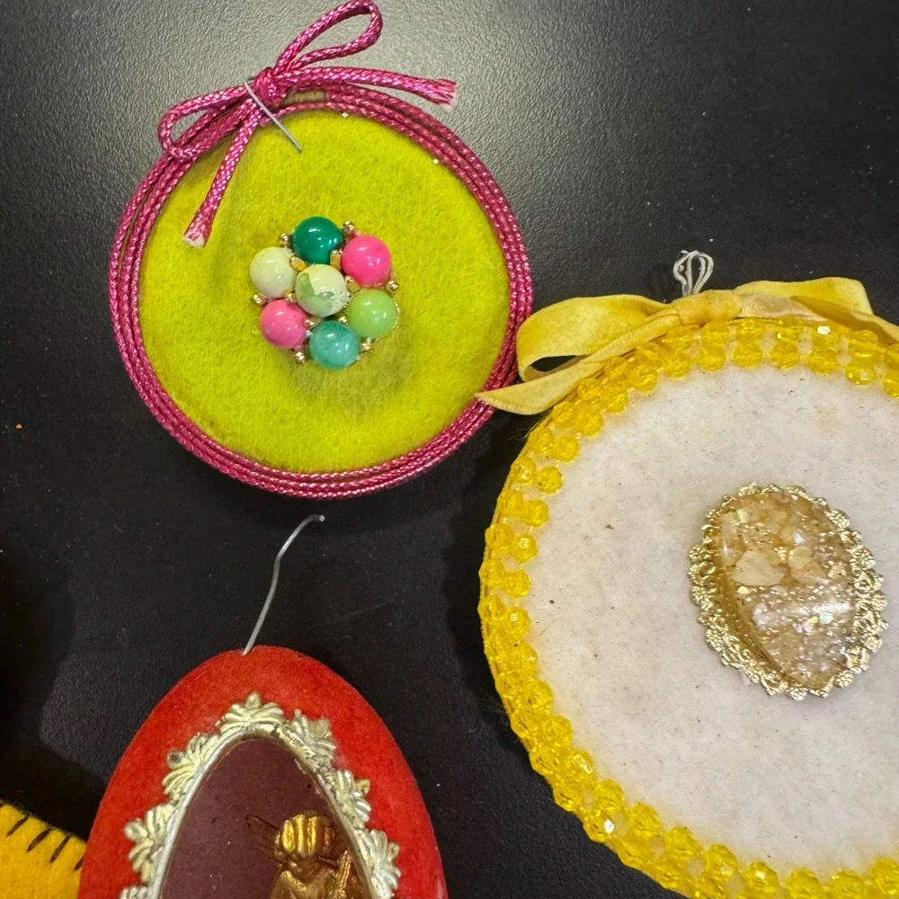 Vintage Christmas Ornaments Lot 7pc Multicolor Felt Sequin Kitsch Retro MCM